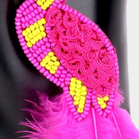 Bird Pink Seed Bead Feather Earrings - Picture 2 of 5